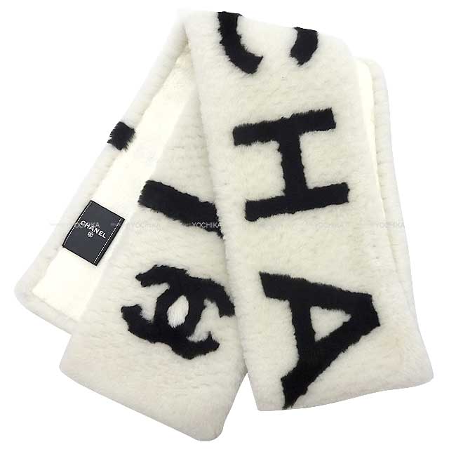 CHANEL muffler COCO Mark Logo Tippet White/Black Mouton[EXCELLENT][Authentic]