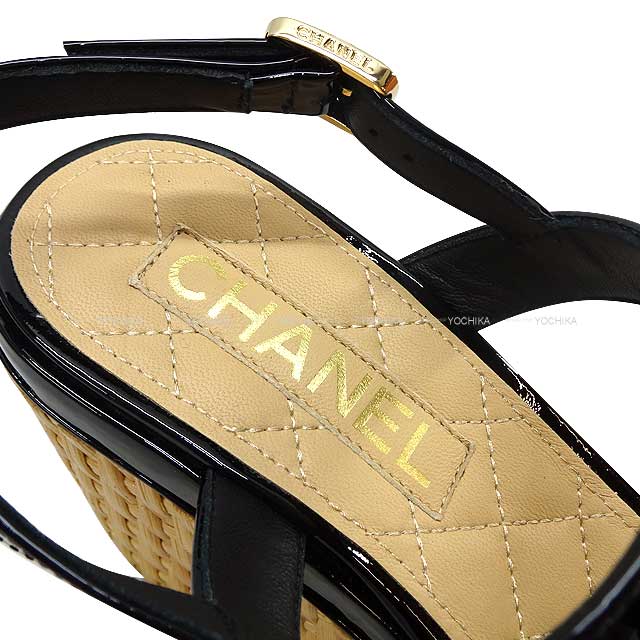 CHANEL sandals Heel COCO Mark Wedge Sole Ankle Strap #37 Noir (Black) Patent Enamel Leather #37 Champagne Gold HW G35514[EXCELLENT][Authentic]