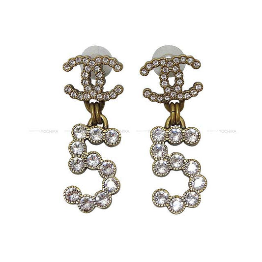 [Pre-loved] CHANEL pierced earring  NO.5 COCO Mark Metal / Crystal Mat Gold HW[LIKE NEW][Authentic]