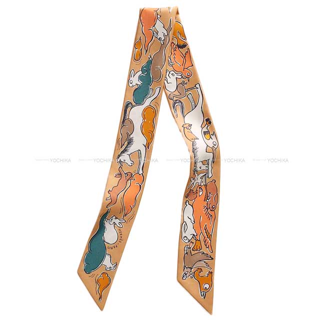 2023 AW HERMES scarf Twilly Mille et Un Lapins Beige dore/Abricot/white Cotton100%[BRAND NEW][Authentic]