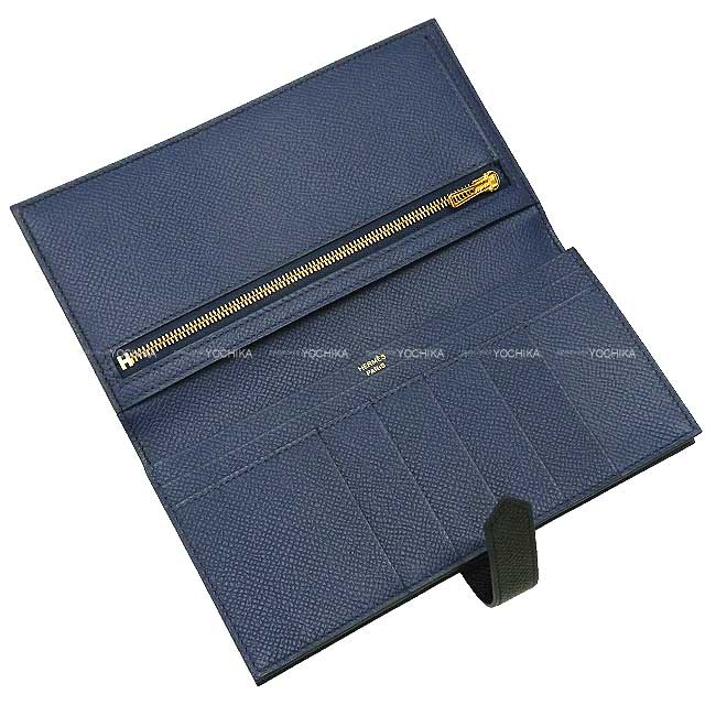 HERMES long wallet Bearn Soufflet Verso Noir (Black) /Bleu navy(7U) Veau Epsom Gold HW Stamp W[BRAND NEW][Authentic]