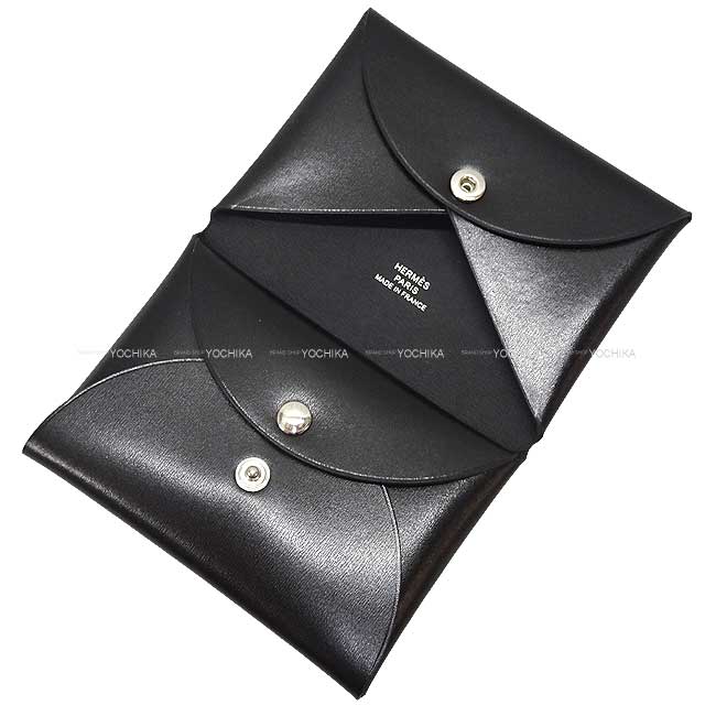 HERMES card holder Calvi Duo Noir (Black) Box Calf Silver HW Stamp Ｗ[EXCELLENT][Authentic]