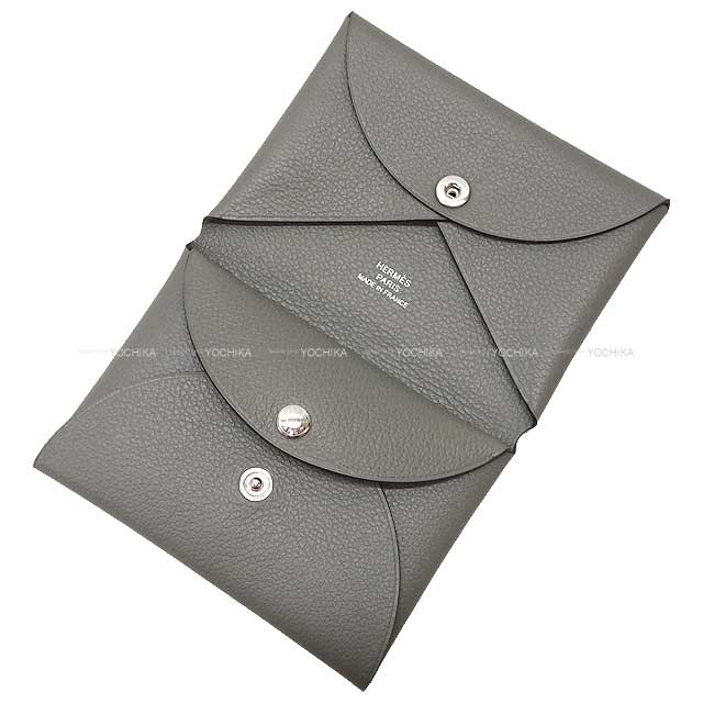 HERMES card holder Calvi Duo Gris Meyer Evercolor Silver HW Stamp B[BRAND NEW][Authentic]