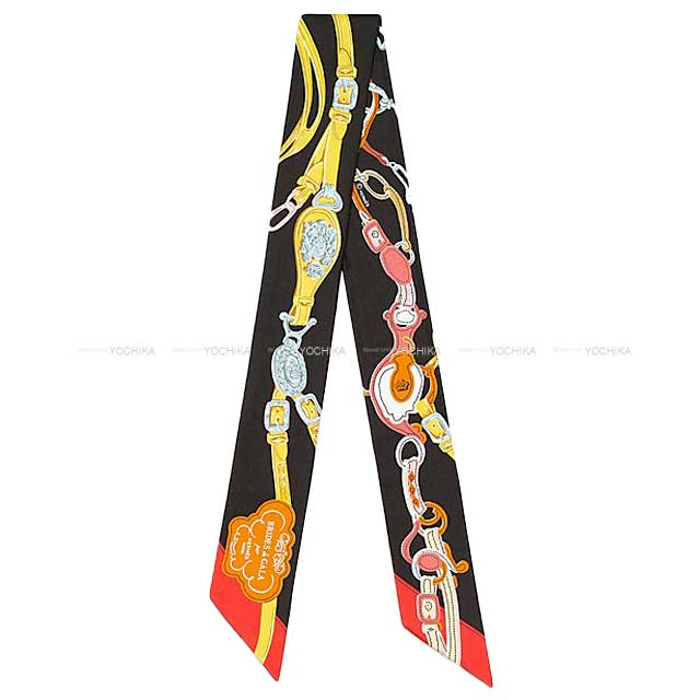 2023 SS HERMES scarf Twilly Brides de Gala Applique Pique Ebene/Jaune d'Or/Rouge Silk100%[BRAND NEW][Authentic]