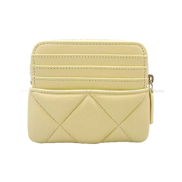 CHANEL card holder 19 zip coin case Cream yellow Lambskin Gold HW /Champagne gold HW AP2086[BRAND NEW][Authentic]