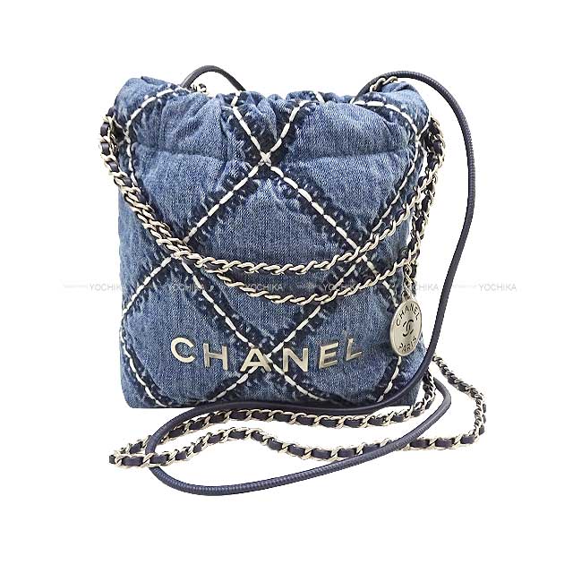 [Pre-loved] CHANEL Shoulder bag Chanel22 Mini Stitch Matelasse with Medal Charm Chain Blue Denim Antique Silver HW AS3980[LIKE NEW][Authentic]