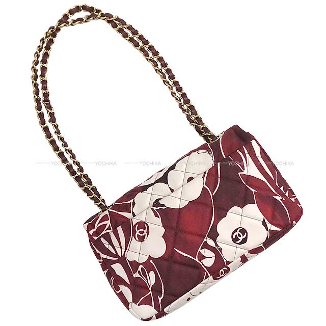 [Pre-loved] 2022 AW CHANEL Shoulder bag Matelasse 25 Flower Print Chain Burgundy/White Print Silk Champagne Gold HW AS3522[LIKE NEW][Authentic]