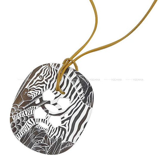 HERMES necklace Lift GM Animal Camouflage Zebra Blanc (White)/Noir (Black) Buffalo Horn/Lacquer Gold HW[EXCELLENT][Authentic]