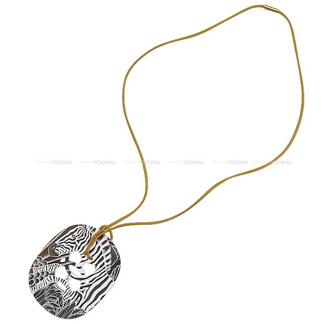 HERMES necklace Lift GM Animal Camouflage Zebra Blanc (White)/Noir (Black) Buffalo Horn/Lacquer Gold HW[EXCELLENT][Authentic]