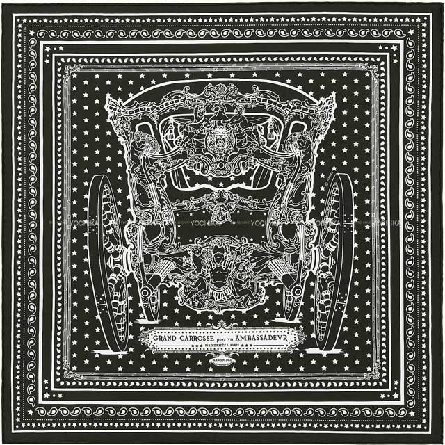 HERMES scarf Carre 55 Grand Carrosse Noir (Black)/Blanc (White) Silk100%[EXCELLENT][Authentic]