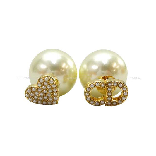 [Pre-loved] Dior pierced earring Dried Pearl CD logo Heart Gold HW[LIKE NEW][Authentic]