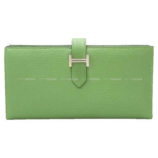 HERMES long wallet Bearn Soufflet Vert criquet Chevre Myzore Silver HW Stamp B[BRAND NEW][Authentic]