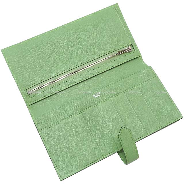 HERMES long wallet Bearn Soufflet Vert criquet Chevre Myzore Silver HW Stamp B[BRAND NEW][Authentic]