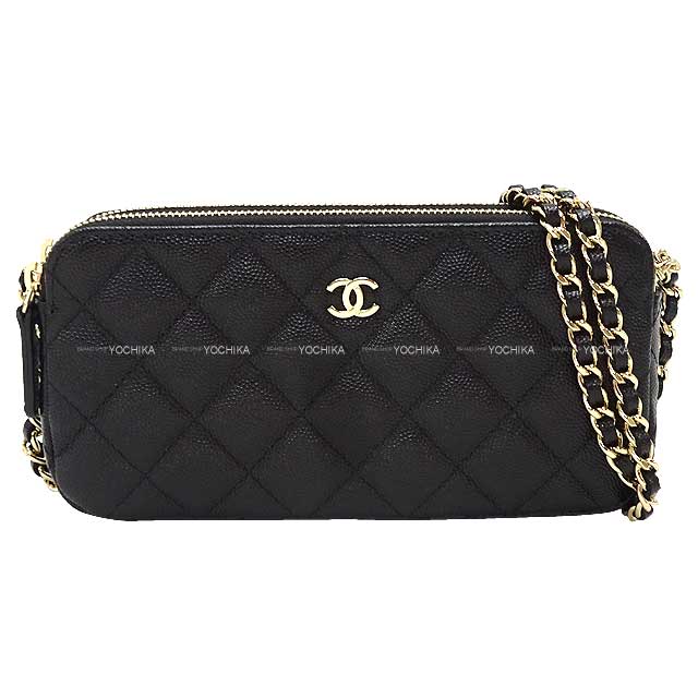 CHANEL Shoulder bag Matelasse Zip WOC Clutch Pochette Noir (Black)/Bordeaux Graind Calf(Caviarskin) Champagne Gold HW A82527[EXCELLENT][Authentic]