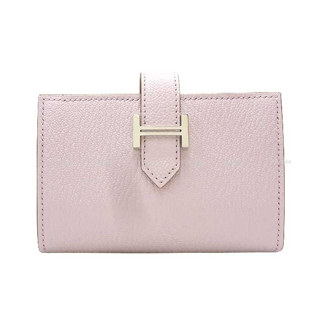 HERMES Bi-fold wallet Bearn Mini Card holder With Coin purse Mauve Pale Buffalo Horn Silver HW Stamp B[BRAND NEW][Authentic]