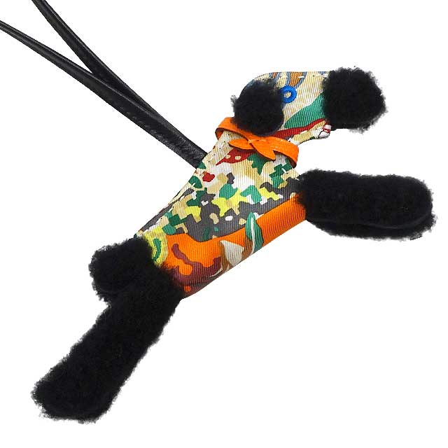 HERMES bag charm Buddy Dog Aloha Noir (Black)/Orange (Agneau Milo/Mouton/Silk100%) Stamp B[BRAND NEW][Authentic]