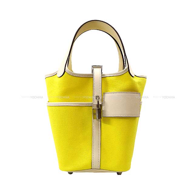 HERMES Handbag Picotin Lock 18 PM Cargo Pockets Jaune Citron/Nata Toile Goeland/Veau Swift Silver HW Stamp U[EXCELLENT][Authentic]