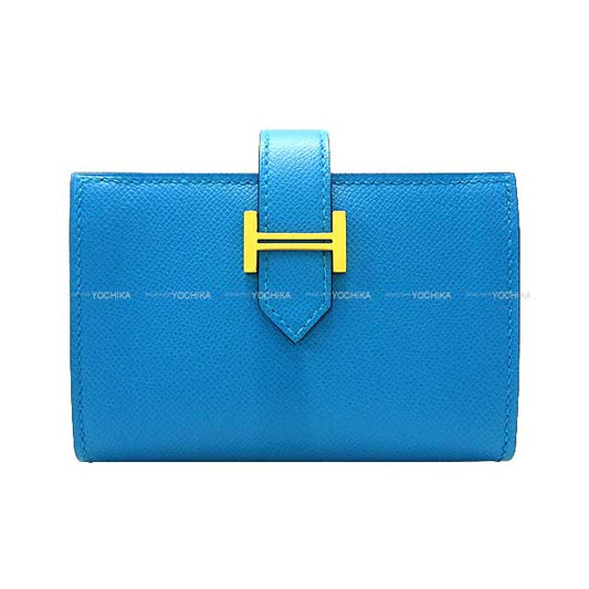 HERMES Bi-fold wallet Bearn Mini Card holder With Coin purse Blue Fride Veau madame Gold HW Stamp B[EXCELLENT][Authentic]