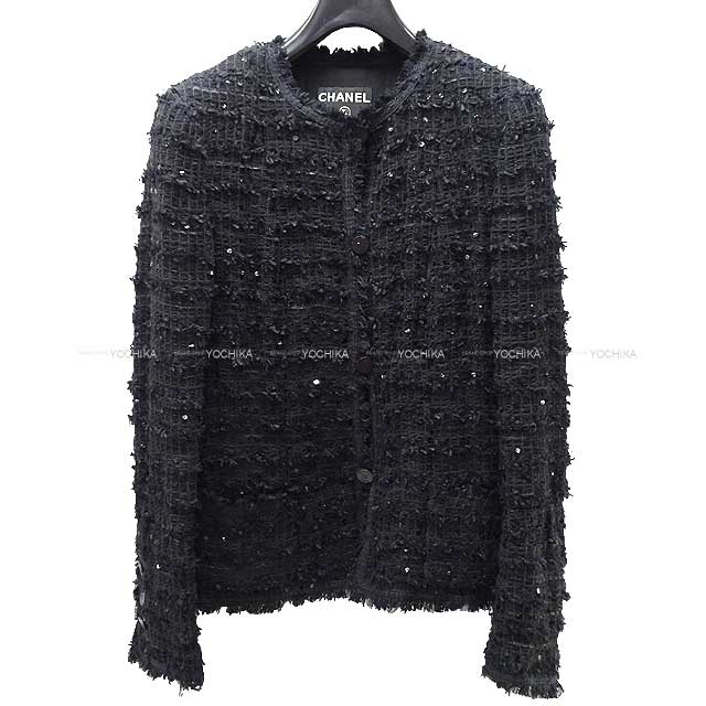 [Pre-loved] CHANEL No-Collar Tweed Jacket Spangles #36 Noir (Black) Viscose 30%/Cotton 20%/Polyamide 20%/Polyester 20%/Silk 10% P26165V15950[LIKE NEW][Authentic]