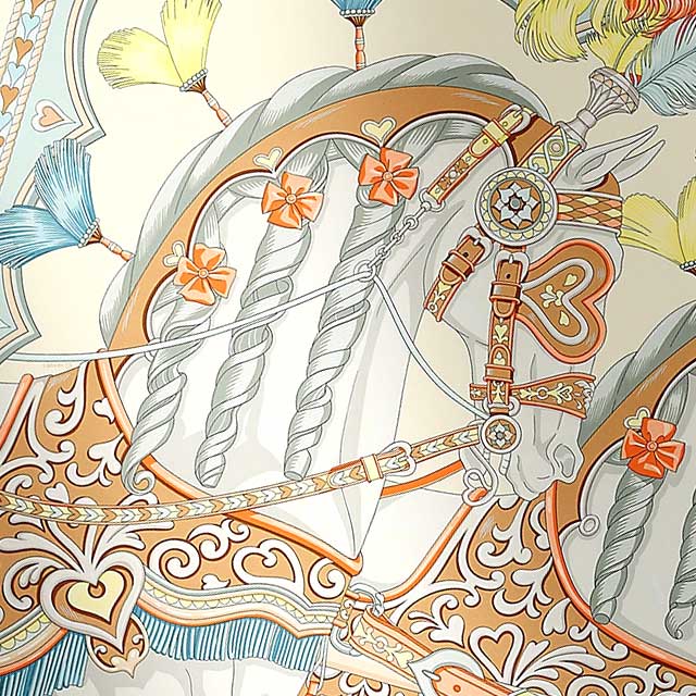 2024 SS NEW HERMES scarf Carre 90 Harnais de Coeur Cream/Gris Pale/Apricot Silk100%[BRAND NEW][Authentic]