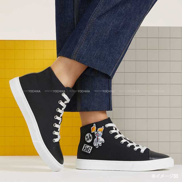 2024 SS NEW HERMES sneakers Highcut Illico Noir (Black) Cotton Canvas Calf #37.5[BRAND NEW][Authentic]