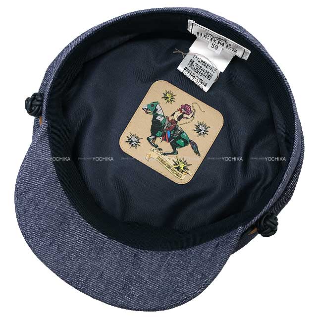 [Pre-loved] HERMES Casquette Julietta #59 Indigo Fine denim/Bicolor leather tress[LIKE NEW][Authentic]