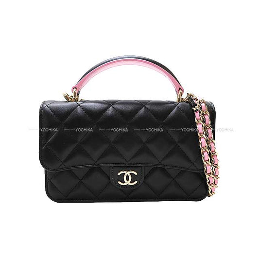 [Pre-loved] CHANEL Shoulder bag Mini Matelasse Frap Chain Noir (Black)/Pink Lambskin Champagne Gold HW AP3226[LIKE NEW][Authentic]