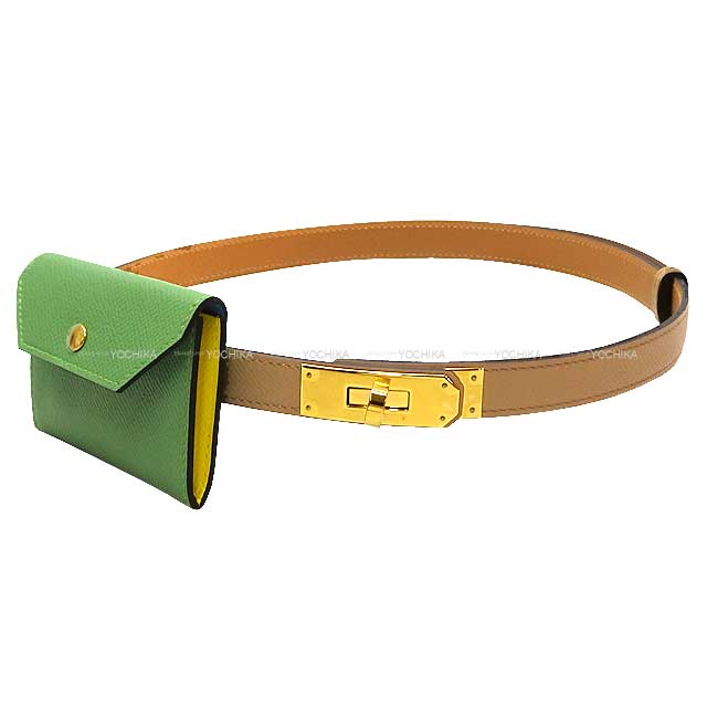 HERMES belt Kelly Belt Pocket Multicolored Chai/Vert criquet/Citron / Bleu du nord Veau Epsom Gold HW Stamp U[EXCELLENT][Authentic]