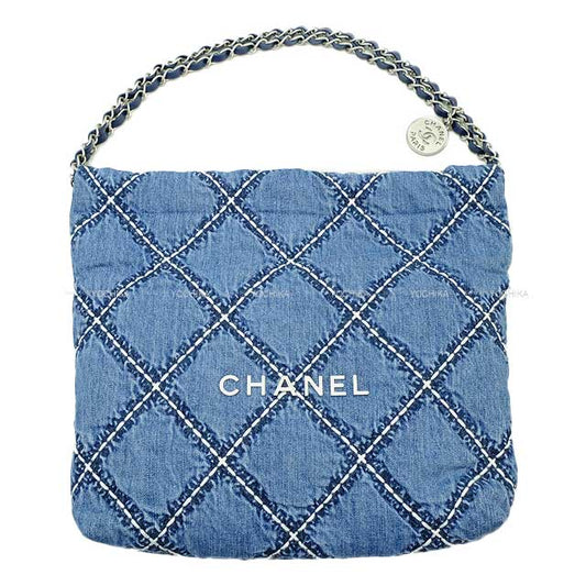 2024 SS New CHANEL Handbag Chanel 22 matelasse with medal charm small hobo Blue Denim Silver HW AS3260[EXCELLENT][Authentic]