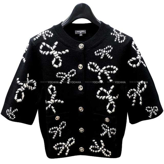 2024 SS NEW CHANEL Cardigan Short Sleeve COCO Button Ribbon #34 Noir (Black)/Blanc (White) 34 P76947[BRAND NEW][Authentic]