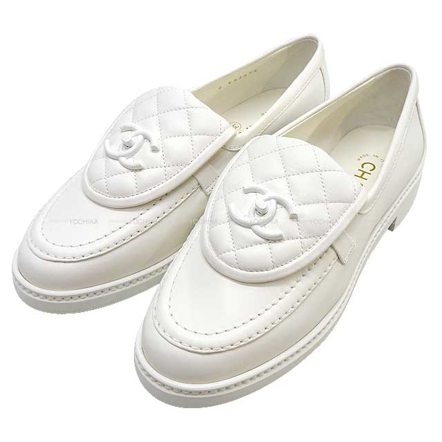 2024 Cruise NEW CHANEL loafers Matelasse COCO Mark Blanc (White) Lambskin #38 G45474[BRAND NEW][Authentic]