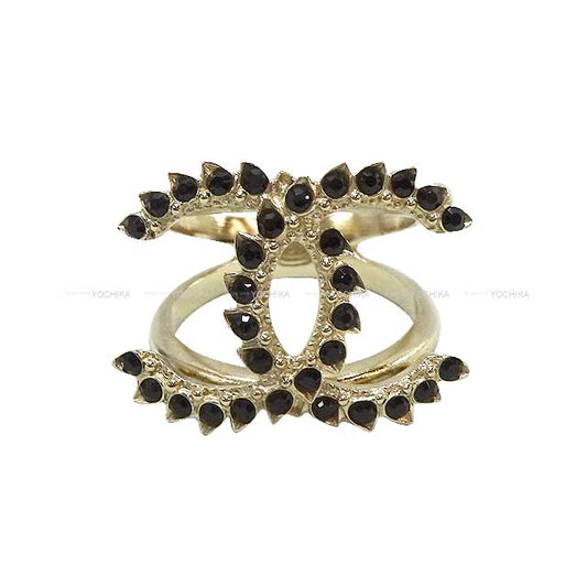 CHANEL ring COCO Mark Drop model Rhinestone #52 Noir (Black) #52 Champagne Gold HW[EXCELLENT][Authentic]