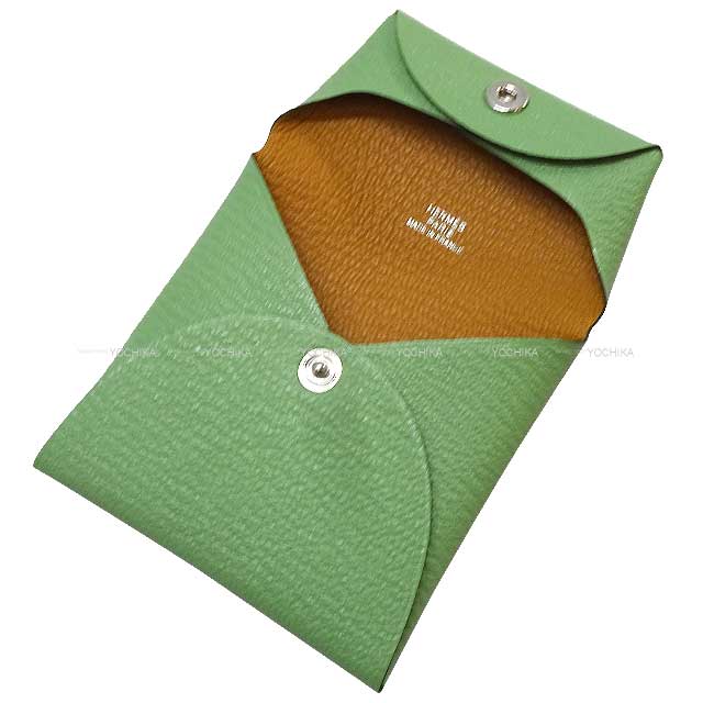 HERMES change purse Bastia Verso Vert criquet/Camel Chevre Mysore Silver HW Stamp B[EXCELLENT][Authentic]