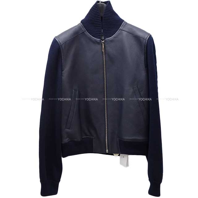 2023 SS HERMES Chaine D'ancre Leather Bomber Jacket Navy Goat/cashmere 36[BRAND NEW][Authentic]