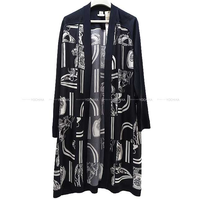 HERMES Cardigan Long cardigan Twillaine en Desordre Finesse #42 Blue noir/White 4E2831DQ[BRAND NEW][Authentic]