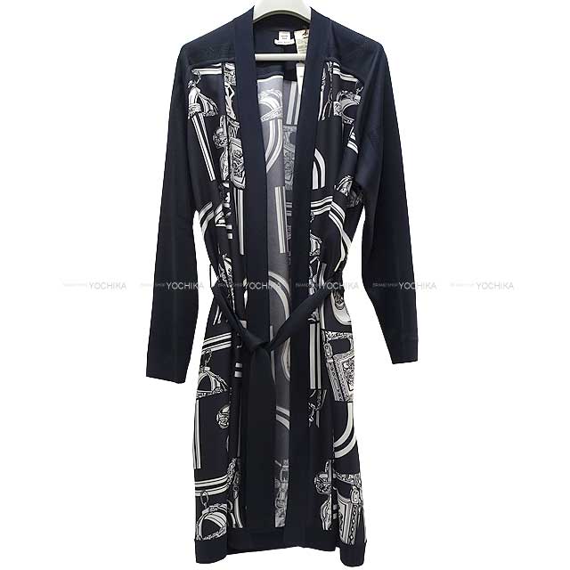 HERMES Cardigan Long cardigan Twillaine en Desordre Finesse #42 Blue noir/White 4E2831DQ[BRAND NEW][Authentic]