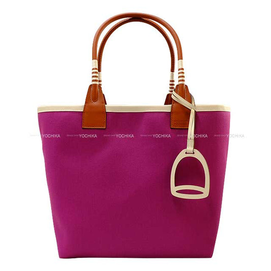 HERMES Handbag Steeple 28 Rose Purple/Cuivre/Nata Toile Militaire/Veau Swift Silver HW Stamp U[EXCELLENT][Authentic]