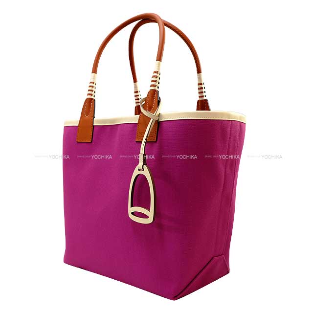 HERMES Handbag Steeple 28 Rose Purple/Cuivre/Nata Toile Militaire/Veau Swift Silver HW Stamp U[EXCELLENT][Authentic]