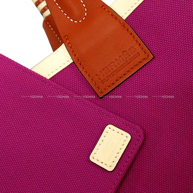 HERMES Handbag Steeple 28 Rose Purple/Cuivre/Nata Toile Militaire/Veau Swift Silver HW Stamp U[EXCELLENT][Authentic]