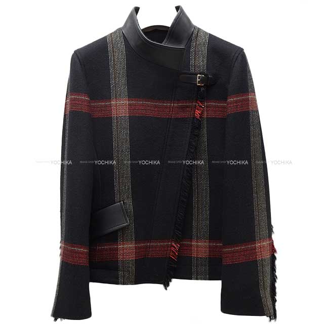 [Pre-loved] HERMES Ladies Fringe Bikie jacket Check Noir (Black)/Red/Blanc (White) Wool/Lambskin 34[LIKE NEW][Authentic]