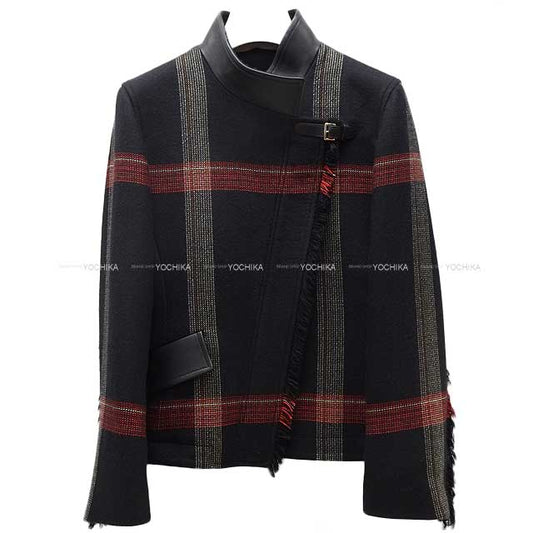 [Pre-loved] HERMES Ladies Fringe Bikie jacket Check Noir (Black)/Red/Blanc (White) Wool/Lambskin 34[LIKE NEW][Authentic]