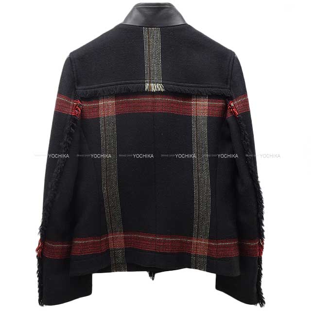 [Pre-loved] HERMES Ladies Fringe Bikie jacket Check Noir (Black)/Red/Blanc (White) Wool/Lambskin 34[LIKE NEW][Authentic]