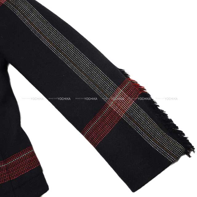 [Pre-loved] HERMES Ladies Fringe Bikie jacket Check Noir (Black)/Red/Blanc (White) Wool/Lambskin 34[LIKE NEW][Authentic]