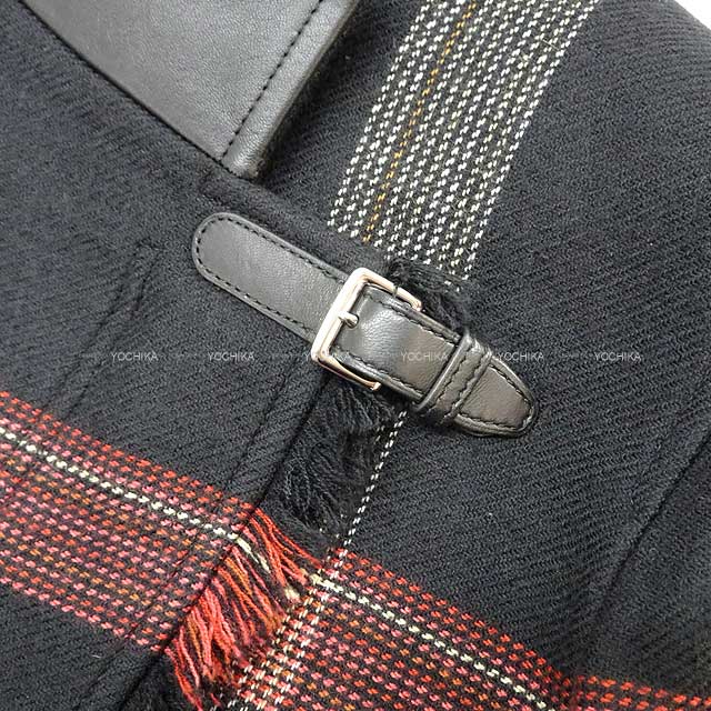 [Pre-loved] HERMES Ladies Fringe Bikie jacket Check Noir (Black)/Red/Blanc (White) Wool/Lambskin 34[LIKE NEW][Authentic]