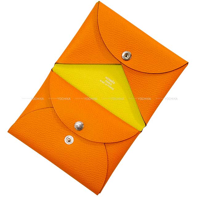 HERMES card holder Calvi Duo Verso Orange/Lime Veau Epsom Silver HW Stamp W[BRAND NEW][Authentic]