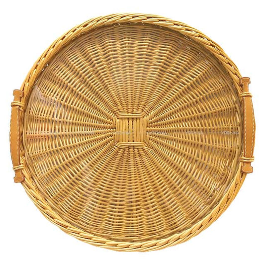 [Pre-loved] HERMES Round Tray Glass Oseraie GM Picnic Naturel Rattan Stamp 〇Q[LIKE NEW][Authentic]