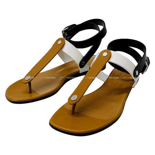 HERMES sandals Ankle strap Serie button Tong #36 Gold/Noir (Black)/Blanc (White)[EXCELLENT][Authentic]