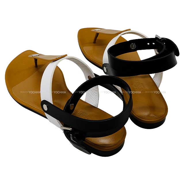 HERMES sandals Ankle strap Serie button Tong #36 Gold/Noir (Black)/Blanc (White)[EXCELLENT][Authentic]