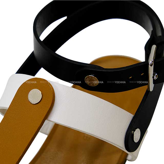 HERMES sandals Ankle strap Serie button Tong #36 Gold/Noir (Black)/Blanc (White)[EXCELLENT][Authentic]