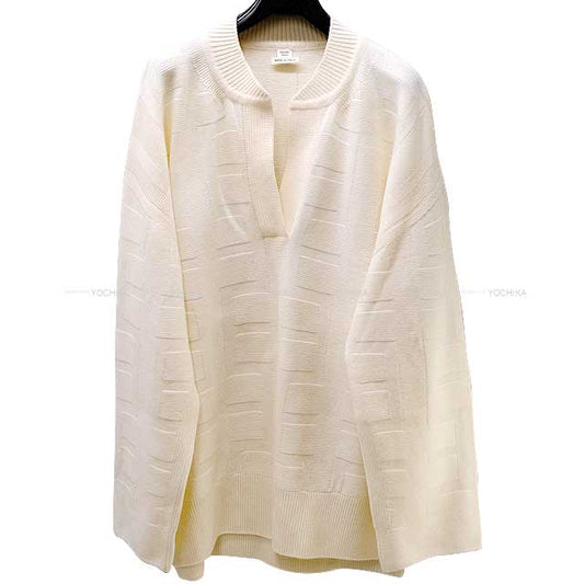 HERMES Knit Lady's H jacquard V neck Skipper knit Tunic #38 Ivory Virgen wool 2H2623DA[EXCELLENT][Authentic]